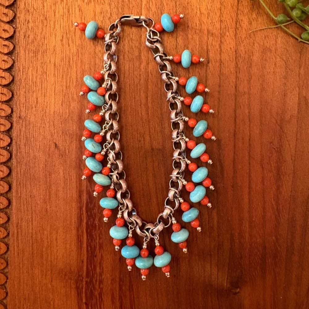 Navajo Made Sterling Silver Turquoise & Coral CHA CHA Dangle Charm Bracelet 8”